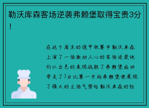 勒沃库森客场逆袭弗赖堡取得宝贵3分！